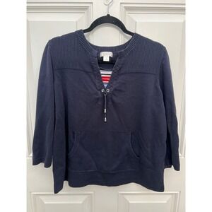 Christopher & Banks Womens XL Navy Blue Lace Up Cotton Knit Sweater 3/4 Sleeve